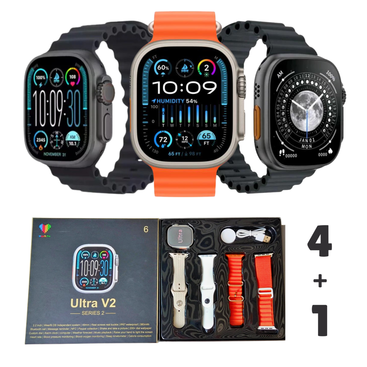 Ultra V2 New Fashion 2.2 Large Screen With 4 Straps Smart Watch